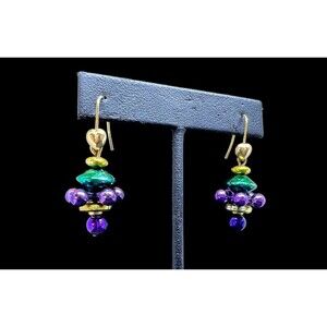 Mardi Gras Bead Dangle Earrings Vintage Green Purple Gold